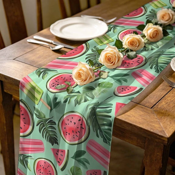 Summer Tropical Plants 4.5 ft Cheesecloth Table Runner for Wedding 19"x55", Watercolor Popsicle Watermelon Kitchen Dinner Sheer Tulle Chiffon Dresser Scarf, Holiday Party Decorations