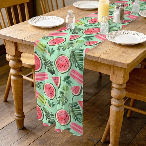 Summer Tropical Plants 4.5ft Cheesecloth Table Runner for Dining 19"x55", Watercolor Popsicle Watermelon Kitchen Dinner Sheer Tulle Chiffon Dresser Scarf, Holiday Party Decorations