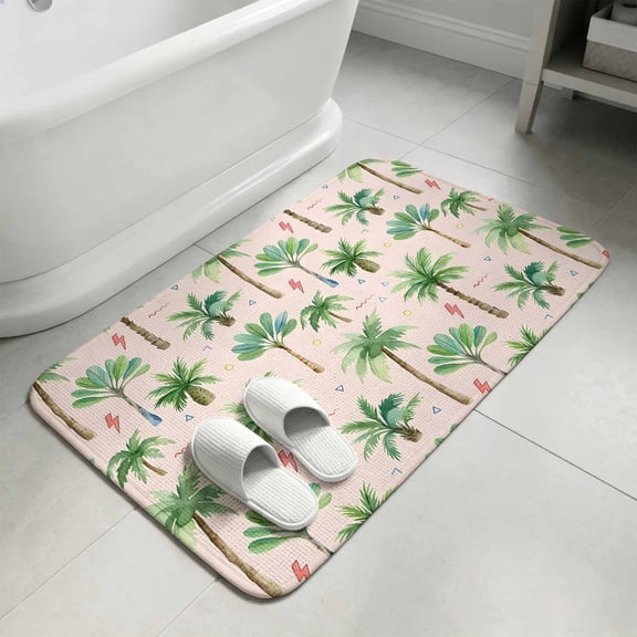Summer Tropical Plants Bathroom Rugs Non Slip Washable Bath Mat Absorbent Front Door Mat Coconut Palm Trees Coastal Pink Indoor Doormat for Kitchen Entryway Shower Decor Accessories 15.7"x23.6"