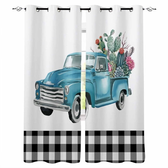 Summer Tropical Plants Blackout Curtains 45 Inches Long, Kitchen Black Out Window Treatments, Blue Truck Botanical Cactus Plaid Thermal Insulated Lined Drapes for Small Window with Grommet 42"x45"