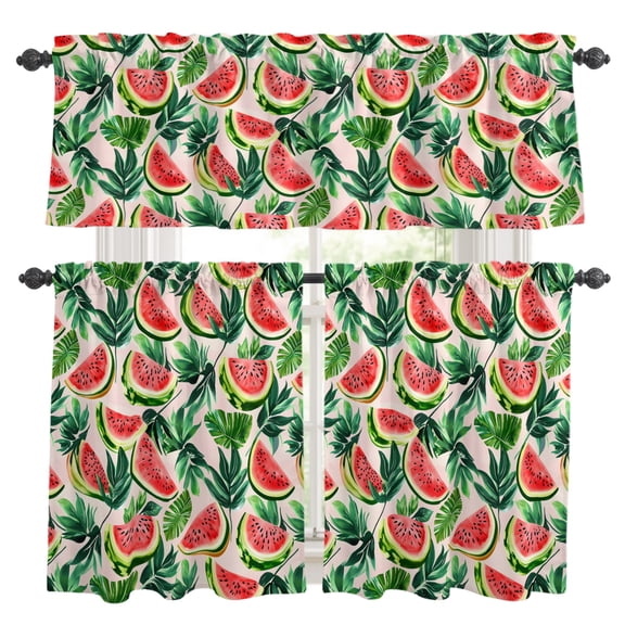 Summer Tropical Plants Kitchen Curtains Set for Windows, Cartoon Watercolor Watermelon Curtains Valance and Tier 3 Piece Set Small Drapes 36 Inch Length for Kitchen Bedroom Decor