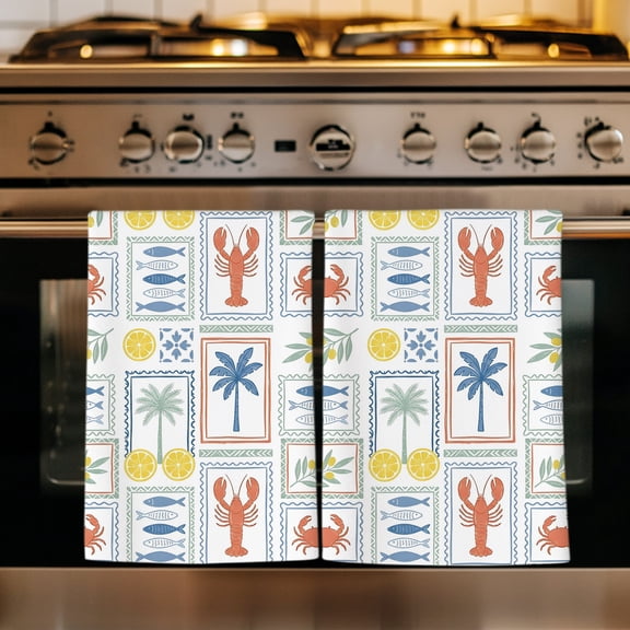 Summer Tropical Plants Kitchen Towels Set of 2, Palm Tree Fish Lobster Crab Lemon Absorbent Dish Towels for Kitchen, Microfiber Hand Towel, Quick Drying Tea Towel for Cleaning Decorative Dishcloths