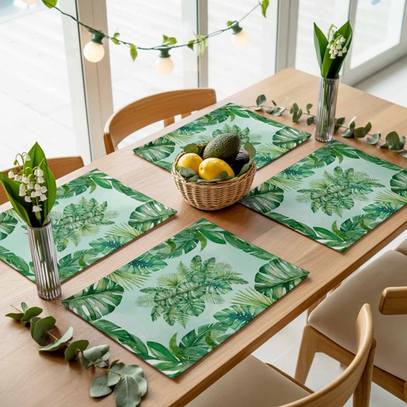 Summer Tropical Plants Leaves Placemats Set of 4,Wipeable Washable Table Mats for Dining Tables, Watercolor Monstera Palm Leaf Place Mats for Kitchen Event Party Tabletop Decor