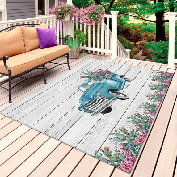 Summer Tropical Plants Outdoor Rug 4x6 Ft, Non Slip Washable Area Rug, Farmhouse Truck Cactus Wooden Patio Rugs Carpet Runner, Large Floor Mat for Indoor/Outdoor Deck Porch Camping