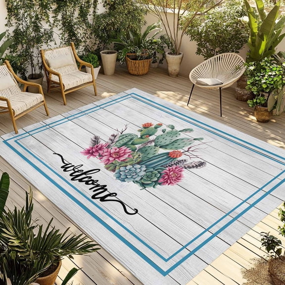 Summer Tropical Plants Outdoor Rug 4x6 Ft - Reversible Patio Rug Outdoor Camping Rugs, Farmhouse Cactus Wooden Grain Washable Indoor Outdoor Area Rugs, Non-Slip Outdoor Carpet Runner for Deck/Porch