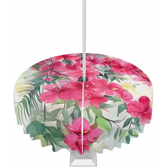 Summer Tropical Plants Outdoor Tablecloth with Umbrella Hole Round, Watercolor Wildflowers Leaves Waterproof Table Cloth Washable Wipeable Cover Spill Proof for Patio Spring Summer Picnic BBQ 60"