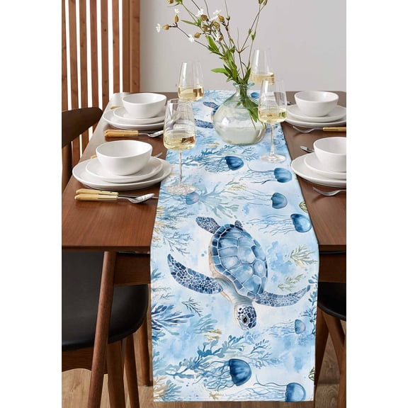 Summer Tropical Plants Palm Leaf Table Runner 13x36in Non-Slip Cotton Linen Table Runners, Green Watercolor Leaves Dresser Scarves TableRunner for Dinner Kitchen Dining Wedding Party