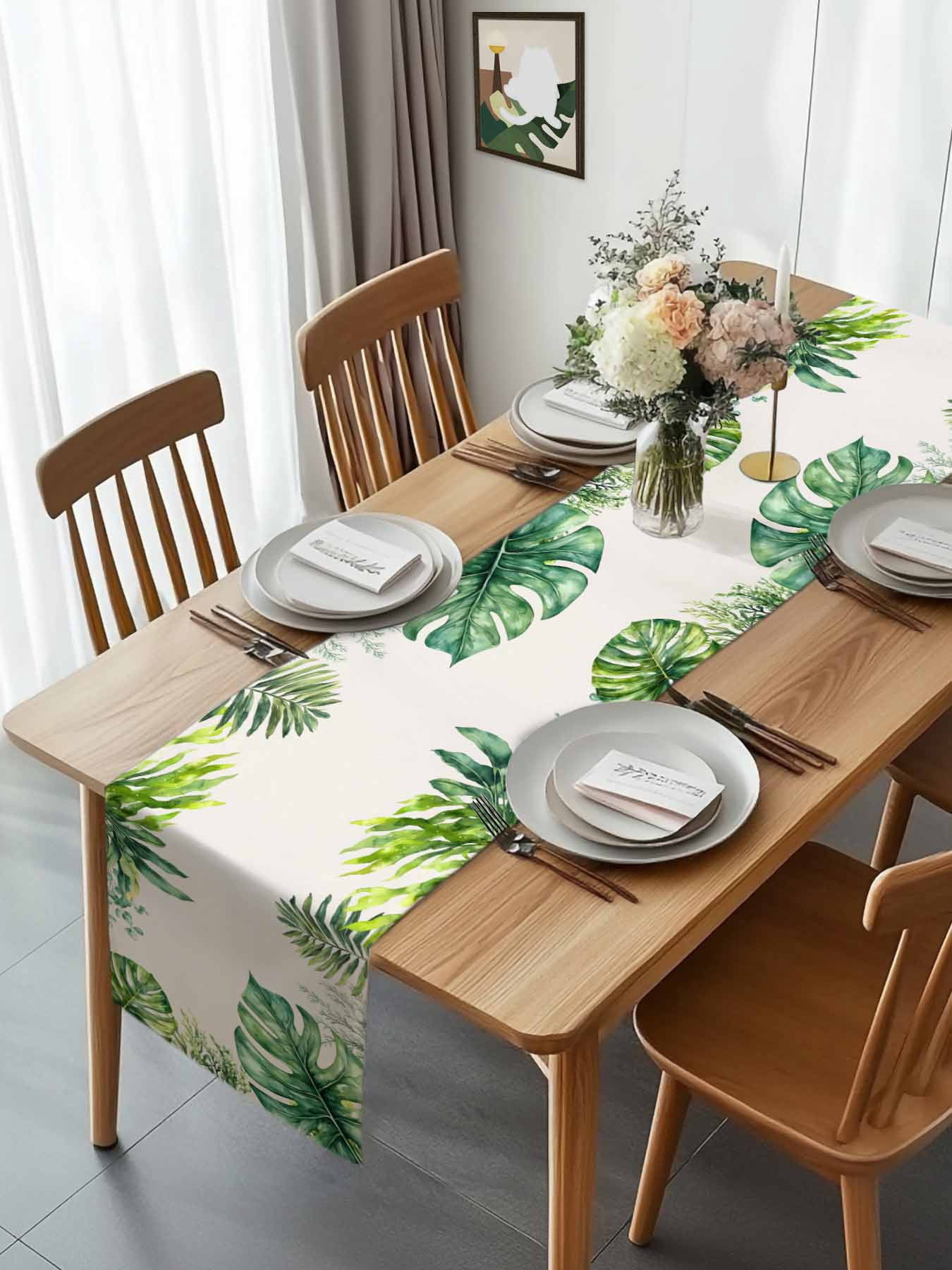 Summer Tropical Plants Palm Leaf Table Runner 90 Inches Long, Green Watercolor Leaves Table Runners Tabletop Scarf Kitchen Dining Tables Decoration for Home Party Indoor Outdoor