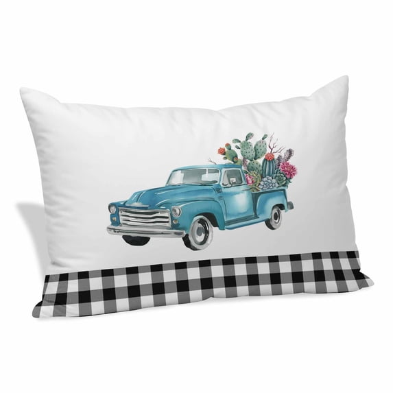 Summer Tropical Plants Pillow Covers, Linen Long Throw Pillow Case, Blue Truck Botanical Cactus Plaid Holiday Pillow Protector Decorative Cushion Cover for Living Room/Bedroom 16" x 24"