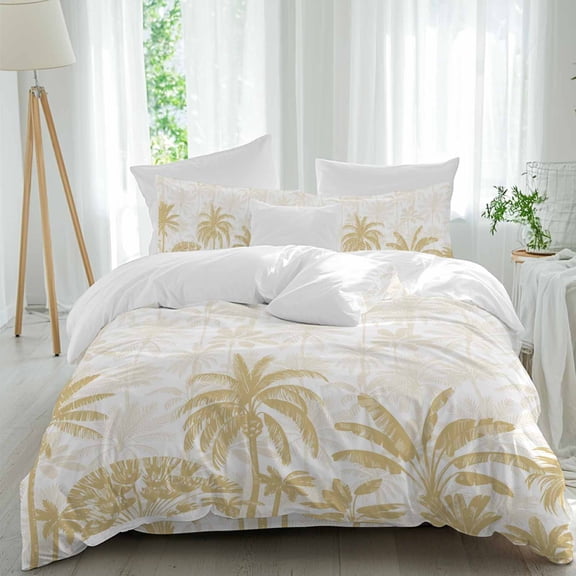 Summer Tropical Plants Queen Size Comforter Set, Palm Trees Yellow Plants Texture Bedding for All Seasons, 4 Pcs Bed Set, 1Quiltcover (90"x92") ,1Sheet(94"x116"), 2Pillowcases (30"x20")