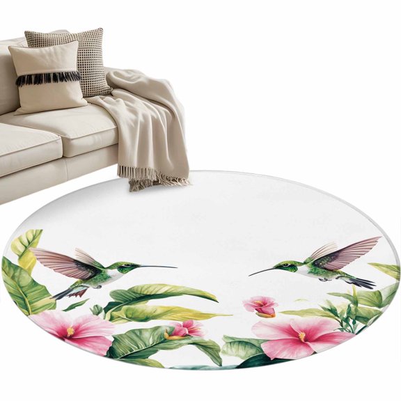 Summer Tropical Plants Round Area Rug 3ft Pink Floral Hummingbird Non-Slip Washable Circle Rugs Soft Felt Indoor Floor Mat for Bedroom Kitchen Living Room Bathroom