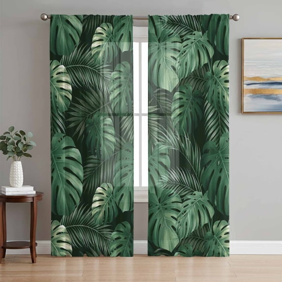 Summer Tropical Plants Sheer Curtains 84 Inch Length 2 Panels Set, Farmhouse Botanical Leaves Voile Window Treatment Rod Pocket Curtains Sheers Drapes for Bedroom/Living Room/Kitchen 52"x84"x2