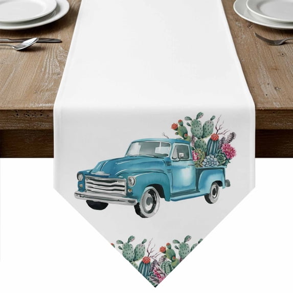 Summer Tropical Plants Table Runner Linen Burlap Table Runner 36 Inches Small Turquoise Truck Cactus Flowers Dresser Scarves for Kitchen Island Coffee Dining Party Wedding Holiday Decor 13"x36"
