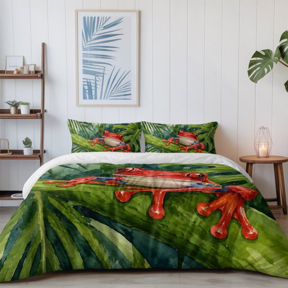 Summer Tropical Red Frog Pattern California King Size Bed Set,Monstera Leaf Bedding for All Seasons,4 Pcs Bed Set with 1 Quiltcover (96"x104"),1 Sheet (110"x98"),2 Pillowcases (20"x36")
