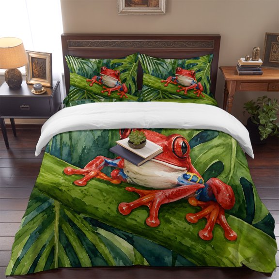 Summer Tropical Red Frog Pattern Queen Size Bed Set,Monstera Leaf Bedding for All Seasons,4 Pcs Bed Set,1 Quiltcover (90"x90"),1 Sheet (90"x102"),2 Pillowcases (20"x30")