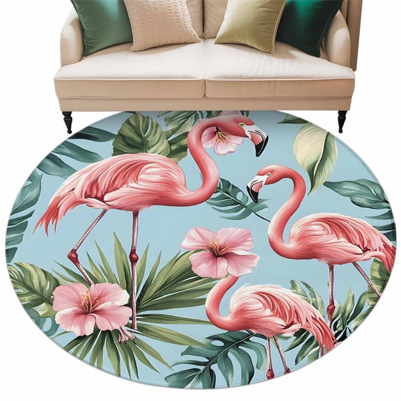 Summer Tropical Round Area Rug 8ft Flamingos Plants Althea Flower Palm Leaves Non-Slip Washable Circle Rugs Soft Felt Indoor Floor Mat for Bedroom Kitchen Living Room Bathroom