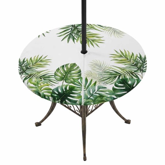 Summer Tropical Round Outdoor Tablecloth with Umbrella Hole Zipper, Pastoral Palm Trees Botanical Leaves Elastic Fitted Table Cover, Waterproof Table Cloth for Patio Picnic Party Fits 45"-54"