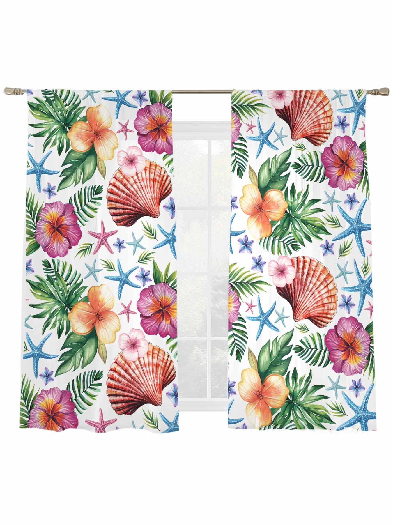 Rod Hohn Shell Summer Tropical Sheer Curtains 2 Panels Set Flowers Shells Starfish ...