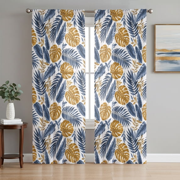 Summer Tropical Sheer Curtains 84 Inch Length 2 Panels Set, Blue Palm Leaf Brown Monstera Leaves Voile Window Treatment Rod Pocket Curtains Sheers Drapes for Bedroom/Living Room/Kitchen 52"x84"x2
