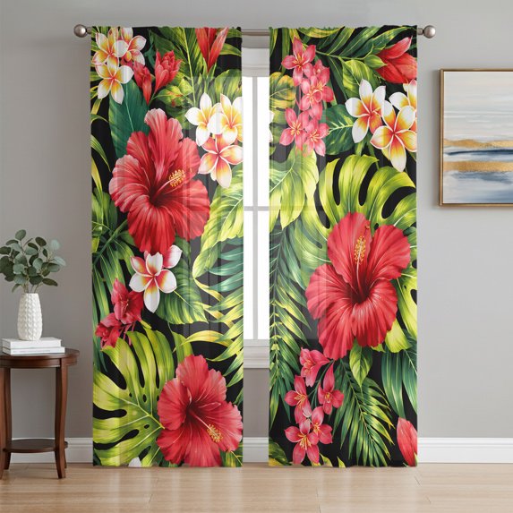 Summer Tropical Sheer Curtains 96 Inch Length 2 Panels Set, Bohemia Flowers Monstera Leaves Watercolor Voile Window Treatment Semi Sheer Long Curtains Drapes for Bedroom/Living Room/Kitchen 52"x96"x2