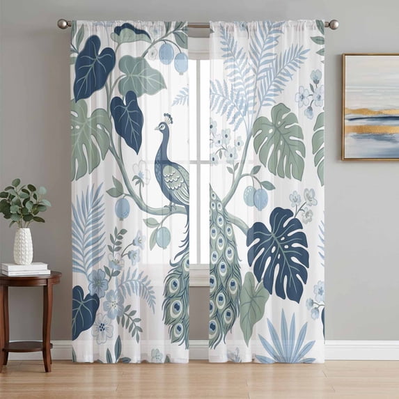 Summer Tropical Sheer Curtains 96 Inch Length 2 Panels Set, Vintage Monstera Leaves Peacock Botanical Voile Window Treatment Semi Sheer Long Curtains Drapes for Bedroom/Living Room/Kitchen 52"x96"x2