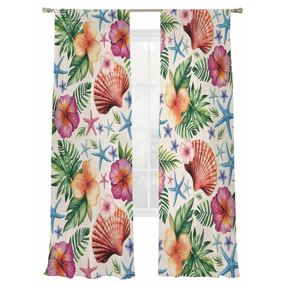 Summer Tropical Sheer Curtains 96 Inch Long 2 Panels, Flowers Shells Starfish Linen Background Light Filtering Rod Pocket Curtains, Sheer Voile Drapes for Living Room Bedroom, 52"x96"