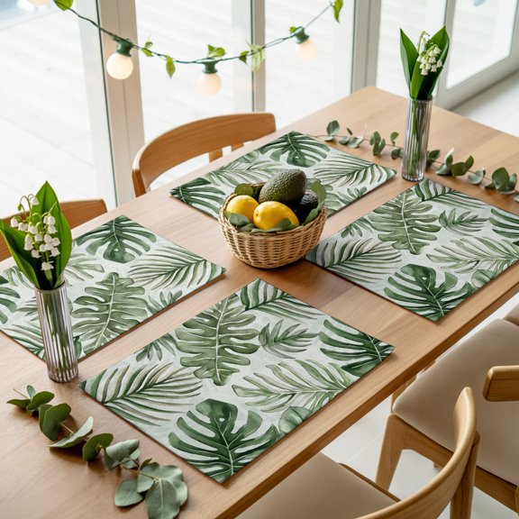 Summer Tropical Sun-kissed Foliage Placemats Set of 4,Wipeable Washable Table Mats for Dining Tables, Palm Leaves Place Mats for Kitchen Event Party Tabletop Decor