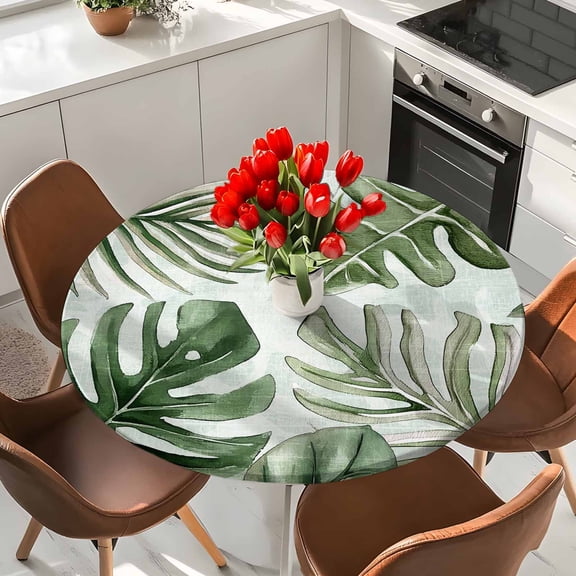Summer Tropical Sun-kissed Foliage Round Fitted Tablecloth with Elastic Edge,Waterproof Table Cloth Fits Tables Up to 36"-44",Wipeable Table Cover for Indoor Outdoor Dinning Party,Palm Leaves