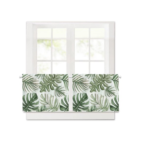 Summer Tropical Sun-kissed Foliage Short Blackout Curtains 24 Inch Long,Palm Leaves Rod Pocket Kitchen Curtains,2 Panels Thermal Insulated Room Darkening Drapes for Bedroom,30"W x 24"L