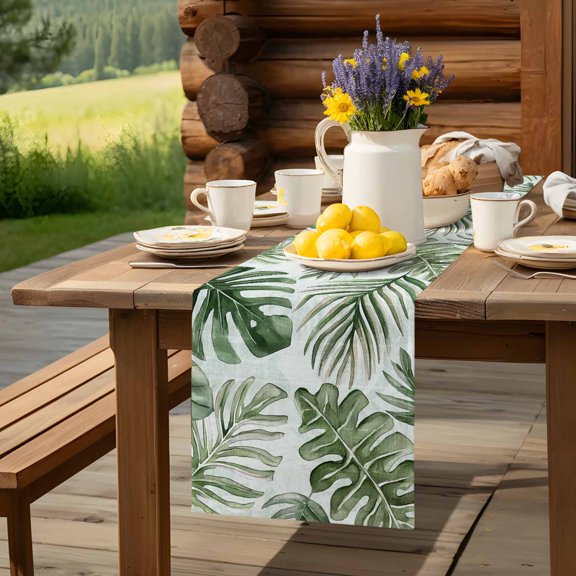 Summer Tropical Sun-kissed Foliage Table Runner 13x36in Non-Slip Cotton Linen Table Runners, Palm Leaves Dresser Scarves TableRunner for Dinner Kitchen Dining Wedding Party