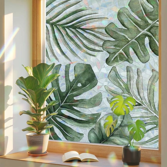 Summer Tropical Sun-kissed Foliage Window Privacy Film, Rainbow Film Decorative Window Sticker 17.7x39.3in, Palm Leaves Sun Blocking Static Stained Glass Cling Tint Non-Adhesive