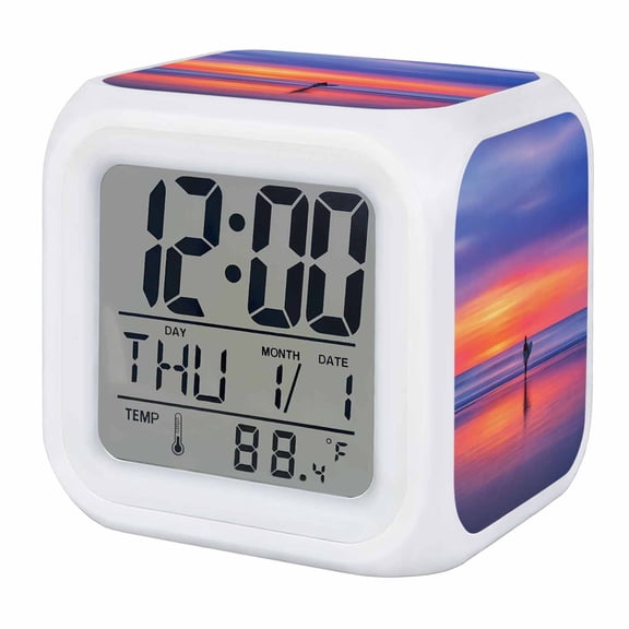 Summer Tropical Sunset Digital Alarm Clock for Bedrooms,Smart LED Alarm Clock with 7 Color Changing Night Light,Surfer Girl Purple Tides Coastal Silent Wake Up Clocks for Sleep Study 3.2"x3.2"