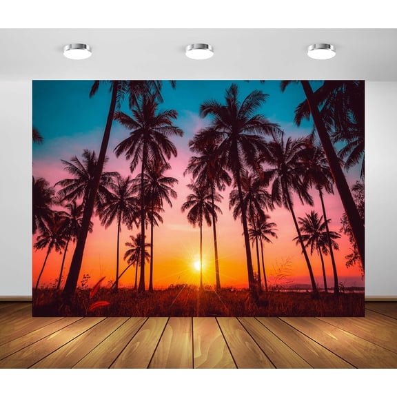 Summer Tropical Sunset Hawaiian Beach Backdrop Sea Ocean Seaside Palm Tree Background Luau Aloha Birthday Party Decorations Banner Photo Booth Props