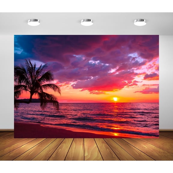 Summer Tropical Sunset Hawaiian Beach Backdrop Sea Ocean Seaside Palm Tree Background Luau Aloha Birthday Party Decorations Banner Photo Booth Props