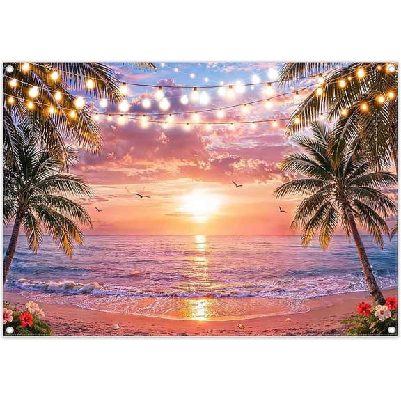 Summer Tropical Sunset Hawaiian Beach Backdrop Sea Ocean Seaside Palm Tree Background Luau Aloha Birthday Party Decorations Banner Photo Booth Props