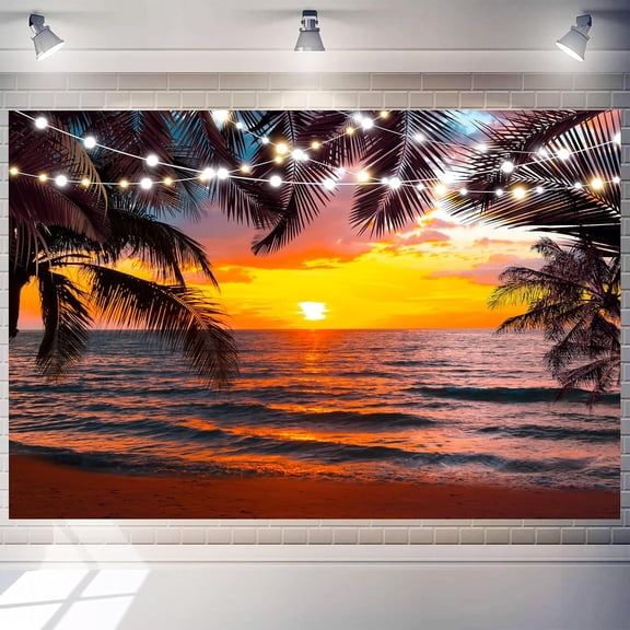 Summer Tropical Sunset Hawaiian Beach Backdrop Sea Ocean Seaside Palm Tree Background Luau Aloha Birthday Party Decorations Banner Photo Booth Props