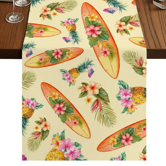 Summer Tropical Surfboard Burlap Cotton Table Runner 13x36 Inches Short, Pineapple Palm Leaves Flowers Farmhouse Table Runners, Outdoor Dining Table Decor for Baby Shower/Party/Wedding