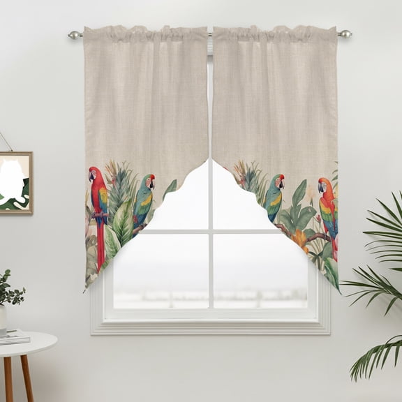 Summer Tropical Swag Curtain Valance for Windows, Palm Tree with Parrot Beige Texture Window Treatments Short Swag Topper for Kitchen Windows Bathroom Bedroom, 36"x36"