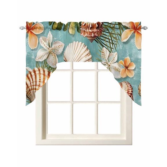 Summer Tropical Swag Valances for Windows, Small Curtains Drapes, Coastal Shell Flower Palm Leaf Kitchen Window Curtains Over Sink Rod Pocket Window Treatment Valance for Bedroom/Bathroom 56"x36"