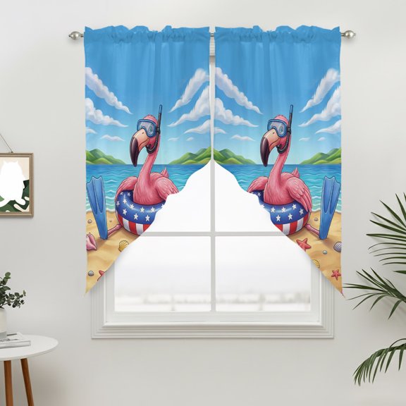 Summer Tropical Swag Valances for Windows, Snorkeling Flamingo Beach Life Rod Pocket Short Curtains, Machine Washable Kitchen Window Topper for Bathroom Living Room, 28 x 36 Inch, 1 Pair