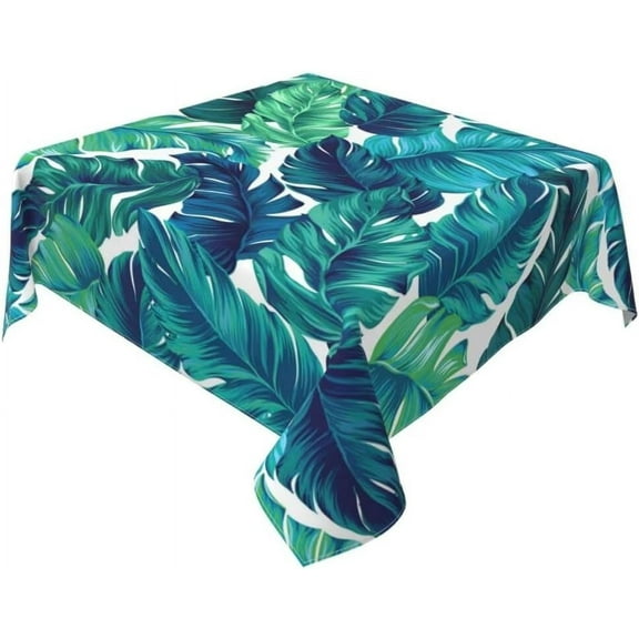 Summer Tropical Tablecloth 60x60 Inch Square Navy Blue Green Hawaiian Palm Leaf Table Cloth Table Cover Polyester Washable Wrinkle Resistant for Kitchen Dining Holiday Party Dining