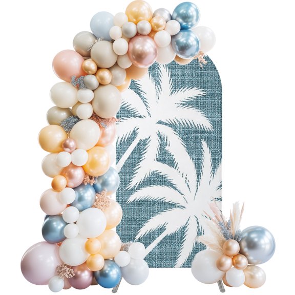 Summer Tropical Tree Wedding Arch Cover, Stretchy Spandex Arch Backdrop Stand Covers 6 FT, Coastal Dark Blue Palm Trees Round Top Arched Backdrop Cover for Birthday Party Ceremony Baby Shower Event