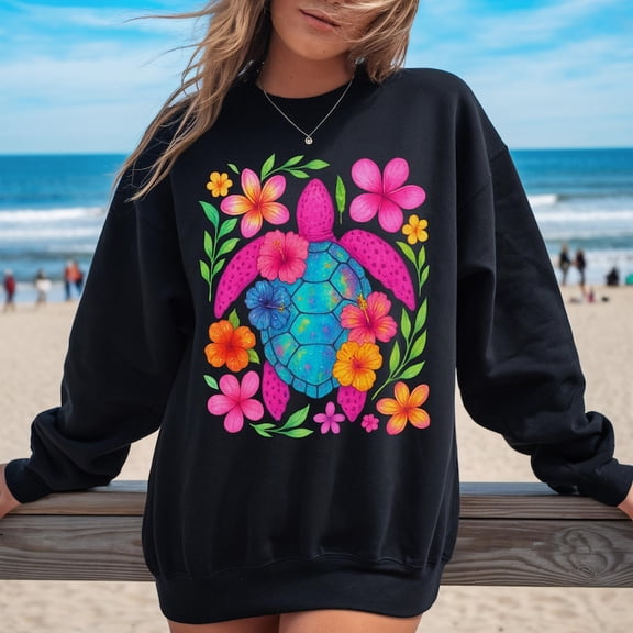 Summer Tropical Turtle, Floral Beach Shirt Design, Sublimation Design, Trendy Vacation Aesthetic, Beach Life, Neon Summer Vibes All Size S-5Xl