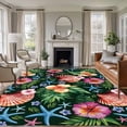 thumbnail image 1 of Summer Tropical Washable Living Room Rugs 5'x8', Flowers Shells Starfish Black Background Low Pile Throw Large Area Rug Non-Slip Sturdy Edge Binding Carpet for Living Room Kitchen Office, 1 of 9