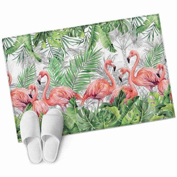 Summer Tropical Washable Small Entryway Area Rugs 2'x3', Pink Flamingo Jungle Green Palm Leaves Grey Low Pile Throw Rug Non-Slip Sturdy Edge Binding Carpet for Front Door Floor Room Entry