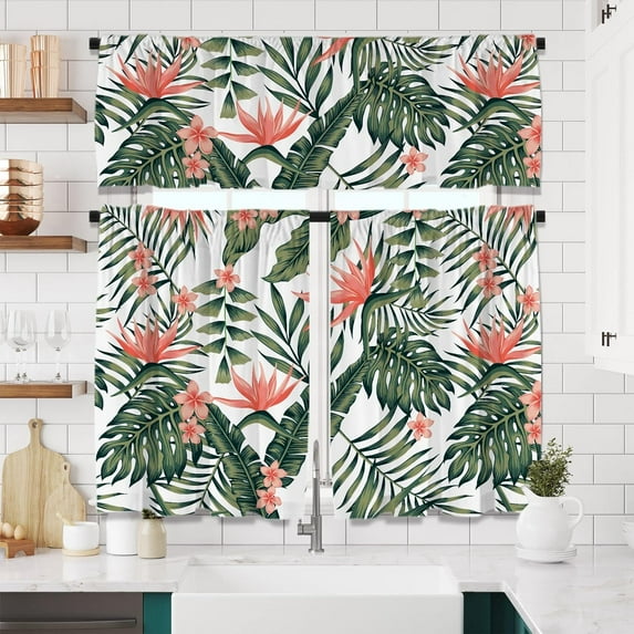 Summer Tropical Window Curtains Set with Valance 26 Inch Length 3pcs Green Watercolor Palm Leaves and Flowers Curtains Sets Short for Bathroom Kitchen and Bedroom Living Room Windows