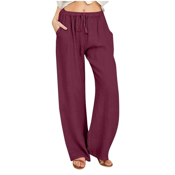 Summer Trousers for Women Casual Loose Wide Leg High Waisted Trousers Drawstring Plain Lounge Pants with Pockets Ladies Comfy Palazzo Trousers for Travel Beach Vacation