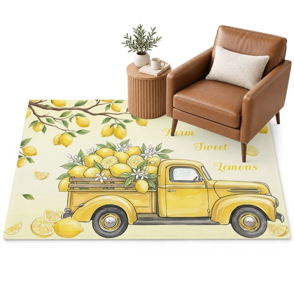 Summer Truck Lemon Area Rug 3'x5', Country Farm Yellow Lemon Tree Leaf ...