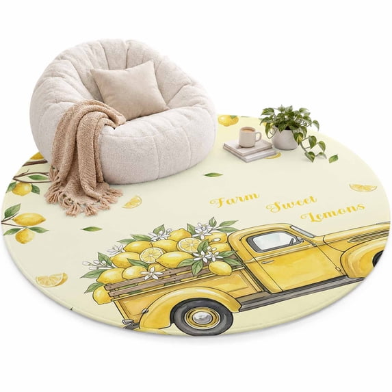 Summer Truck Lemon Area Rug 4', Country Farm Yellow Lemon Tree Leaf ...