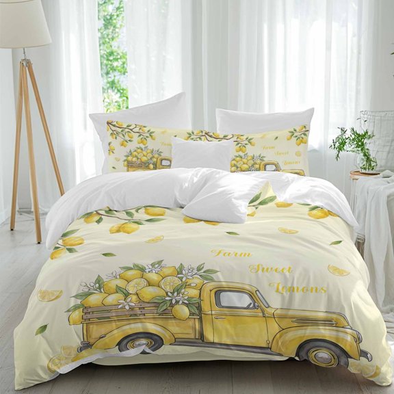 Summer Truck Lemon Comforter Set Queen Size, Country Farm Yellow Lemon Tree Leaf Soft Bedding Set for Man Woman, 4 Pieces Duvet Cover Set with Fitted Sheet, 2 Pillowcases